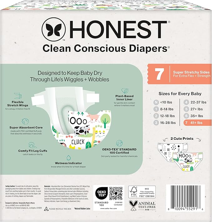 The Honest Company Comfort Dry Disposable Diapers for Sensitive Skin, Hypoallergenic, Fragrance-Free, Barnyard Babies + Pattern Play, Club Box, Size 7 (41 lbs), 32 Count