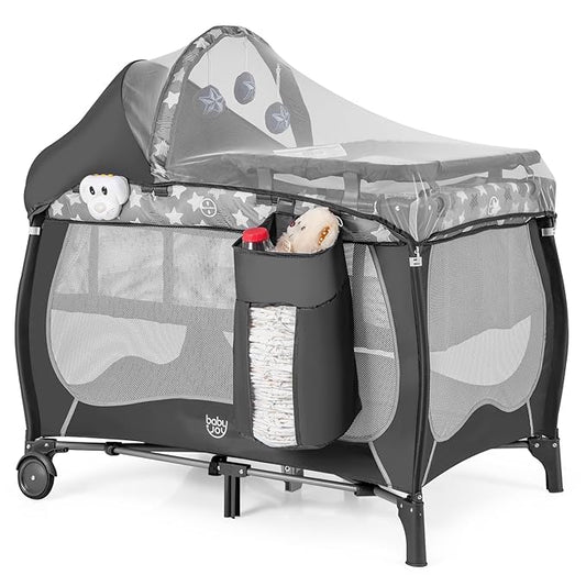 BABY JOY 4 in 1 Pack and Play, Portable Baby Playard with Bassinet, Adjustable Canopy, Changing Table, Lockable Wheels, Music Box, Travel Baby Crib Bassinet from Newborn to Toddler
