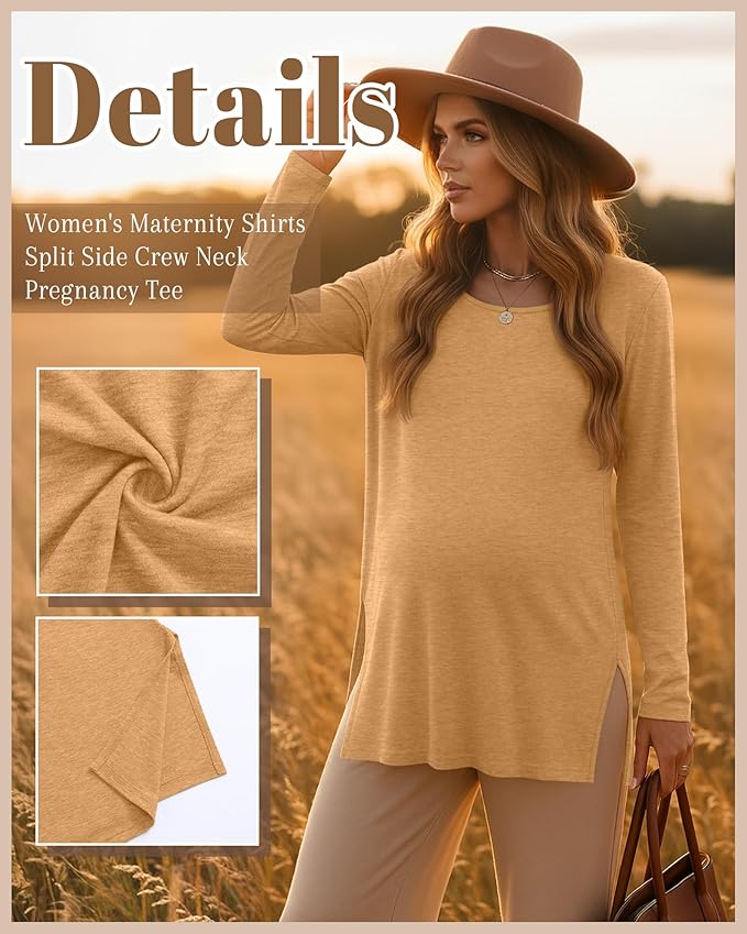 Riyiper 3 Pack Women's Maternity Long Sleeve T-Shirts Round Neck Side Split Tops Loose Casual Pregnancy Mama Clothes Fall