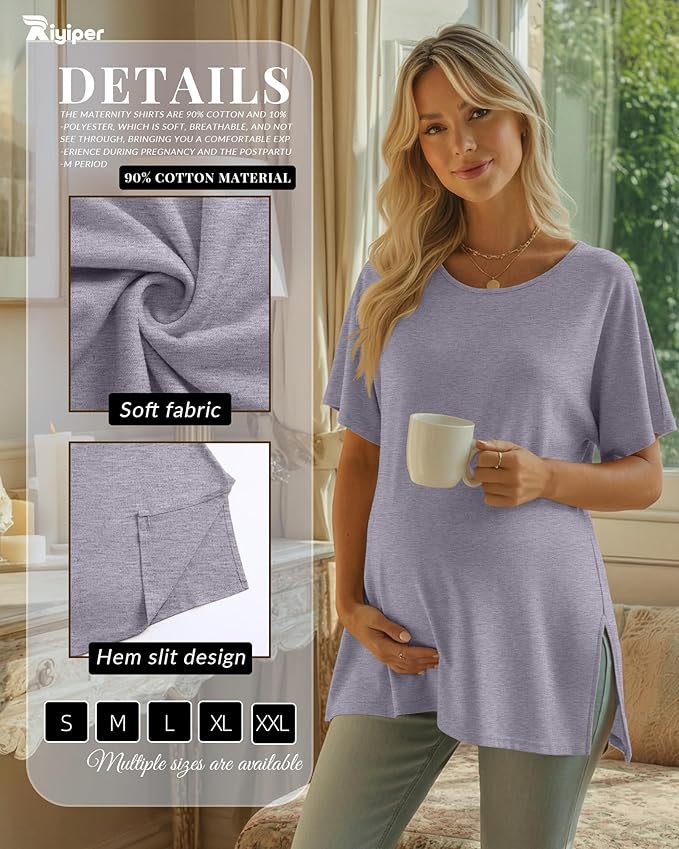 Riyiper 3 Pack Women's Maternity Tunic Shirts Cotton Summer Pregnancy Clothes Loose Oversized Split Side Blouse Tops