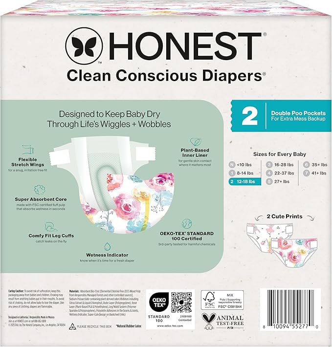 The Honest Company Comfort Dry Disposable Diapers for Sensitive Skin, Hypoallergenic, Rose Blossom + Tutu Cute, Club Box Size 2 (12–18 lbs), 72 Count