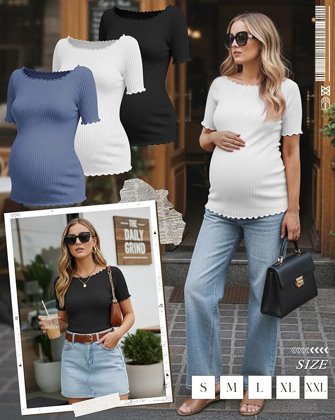 3 Pack Women's Maternity Ribbed Shirts Cotton Short Sleeve Pregnancy Tops Boat Neck Lettuce Trim Mama Clothes