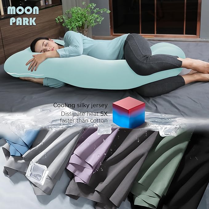 MOON PARK Pregnancy Pillows for Sleeping - U Shaped Full Body Maternity Pillow with Removable Cover - Support for Back, Legs, Belly, Hips - 57 Inch - Ice Blue - Cooling Cover