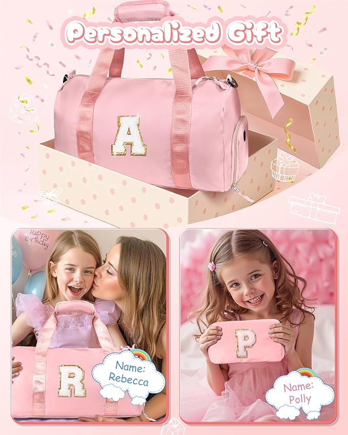 Birthday Gift for Daughter-Girl Gym Bag with Shoe Compartment, Kid Personalized Weekender Overnight Bags, Initial Travel Tote with Makeup Pouch, Cute Preppy Gifts for Girls (Letter A)
