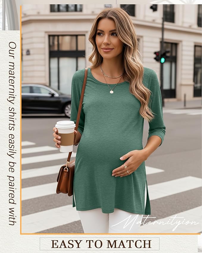 3 Pack Women's 3/4 Sleeve Maternity Shirts Elbow Length Clothes Round Neck Tunics Pregnancy Loose Side Split Tops