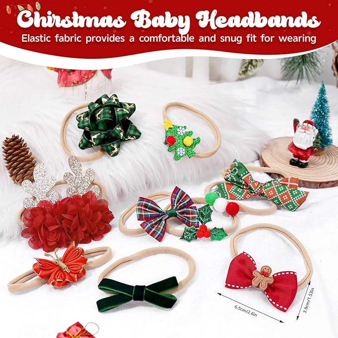 Chirstmas Baby Girls Bows Headbands, 10 Pcs Red Green Antlers Elastic Nylon Hairbands, Xmas Newborn Hair Bows Hair Accessories for Newborn Infant Toddler Kids