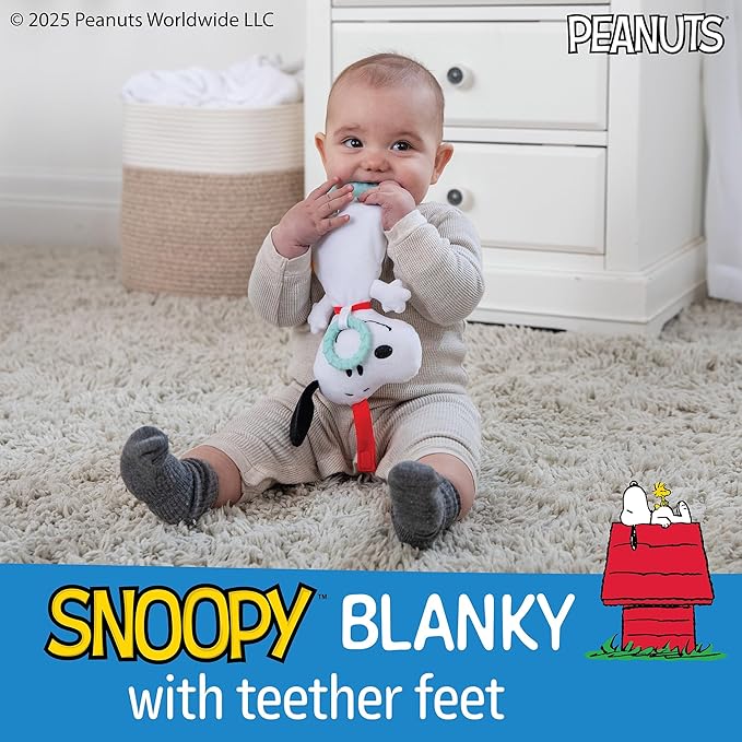 Kids Preferred Peanuts Snoopy Baby Sensory Toy Crinkle Blanket Stuffed Animal for Newborn Infants and Babies Teether Toys with Stroller Car Seat Loop
