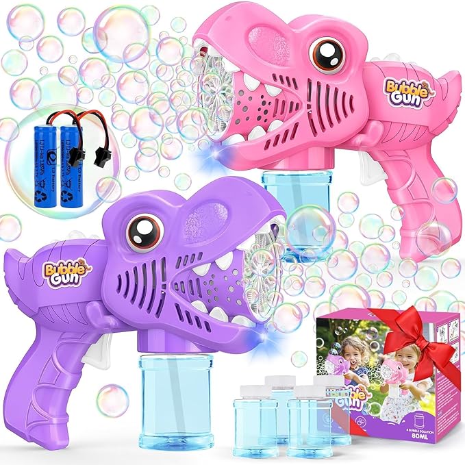 Bubble Gun Toys for Girls: Bubble Machine for Kids 2 Rechargeable Dino Toys Easter Basket Stuffers Gift for 3 4 5 6 7 8 Girls Toddlers Ages 4-6 Outdoor Summer Birthday Christmas Valentines