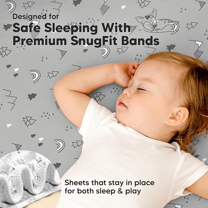 Pack and Play Sheets Fitted - 2-Pack Mini Crib Sheets for Pack N Play Mattress 38x26, Soft & Cozy, Neutral Toddler Playard Bedding, Snug Fitted Mini Baby Crib Mattress Cover Boy, Girl (Woodland)