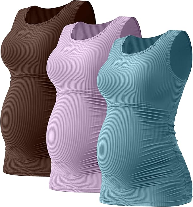 Riyiper 3 Pack Women's Maternity Tank Tops, Sleeveless Cotton Pregnancy Shirts Ribbed Knit Sides Ruched Basic Mama Clothes