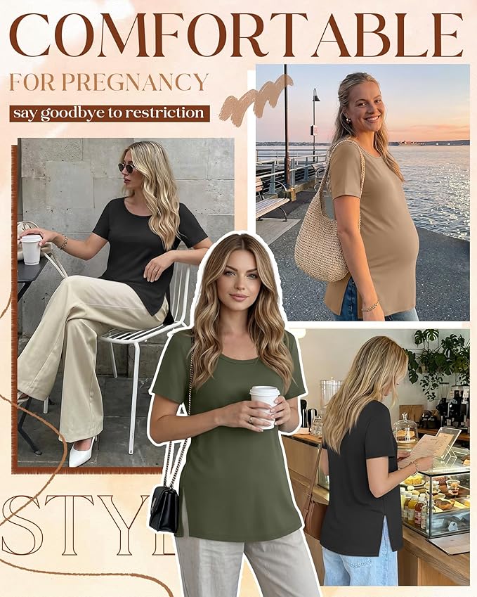 3 Pack Women's Maternity Shirts Short Sleeve Round Neck Side Split Pregnancy Tops Loose Summer Casual Mama Clothes