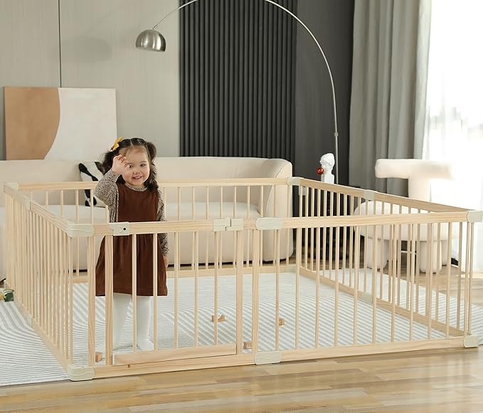 Baby Playpen Play Fence Gate Play Pen Wood Large,Playpens for Babies and Toddlers Kids Indoor,Baby Play Yards Gym