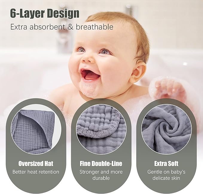 2 Pack Hooded Baby Towels - 100% Muslin Cotton for Newborns, Infants, Toddlers - Large 32x32Inch Size - Highly Absorbent and Essential for Newborn Care, White and Grey