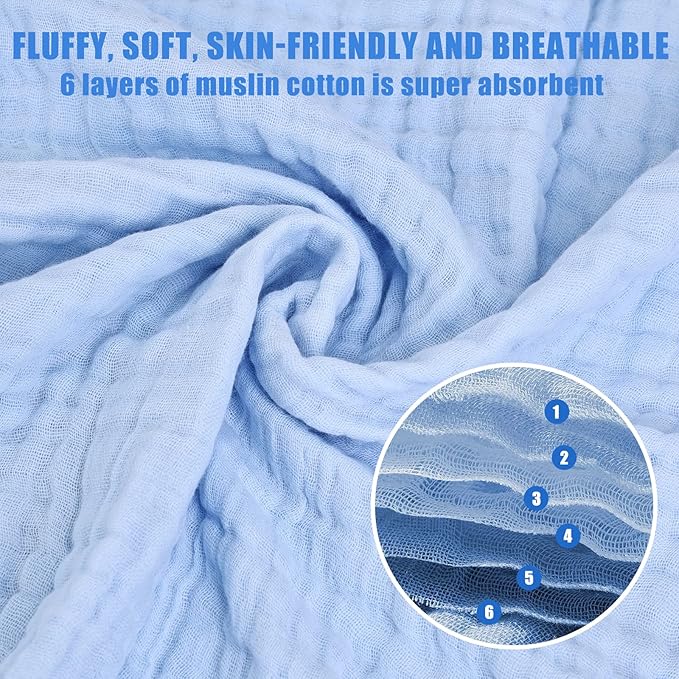 Muslin Baby Bath Towels Set 3 Pack Ultra Soft and Absorbent Baby Towels Infant Toddler Blanket Towel 6-Layer Natural Cotton Towel Suitable for Girl Boy 40x40 inches (White&Blue&Grey)