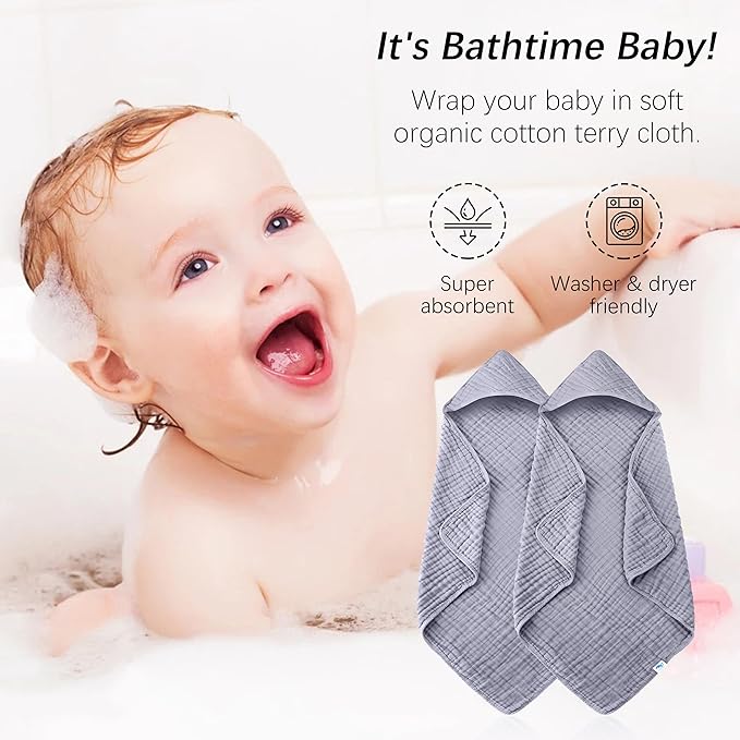 SWEET DOLPHIN Muslin Hooded Baby Bath Towels - 2 Pack 100% Cotton Towel for Babies, Infants, Toddlers - 32x32Inch - Highly Absorbent and Newborn Essential, Grey
