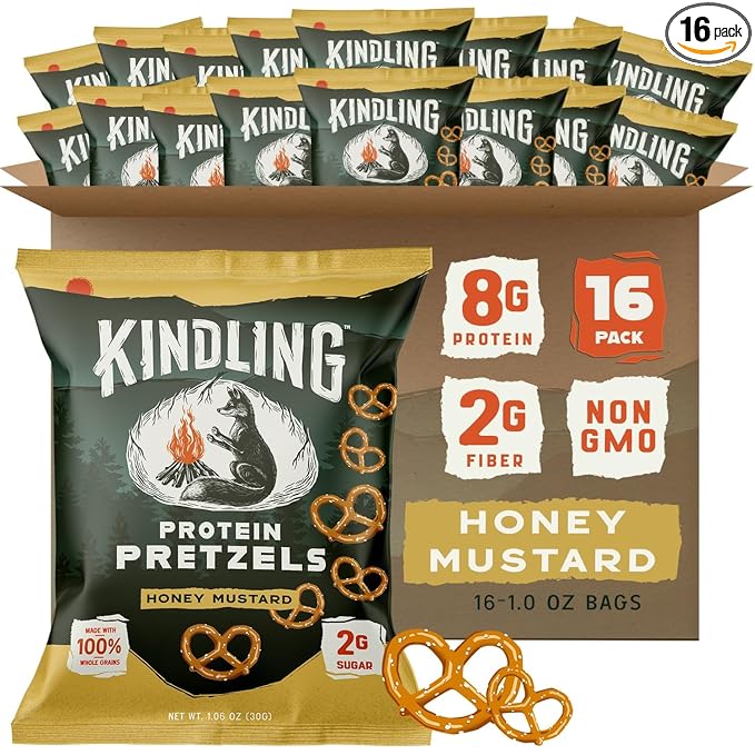 Kindling Protein Pretzels - Honey Mustard | Protein-Packed Snack Size Bags | Kosher | 8-9g Protein Per Serving | Only 1-2g of Total Sugar | No Artificial Flavors, Soy-Free | Lunches, Office Snacks, & On-the-Go | 16-Count (1.06oz Bags)