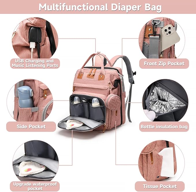 Baby Diaper Bags with Changing Station, Large Capacity Diaper Bag Backpack for Moms Dads with USB Charging Port,Travel Baby Bag with Pacifier Case,Baby Essentials(Up-PinkGrey)
