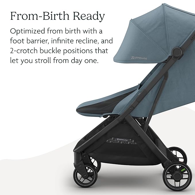 UPPAbaby Minu V3 Travel Stroller | Lightweight + Compact Design | One-Hand Fold + Unfold | from Birth + Overhead Compatible | Dillan (Stone Blue/Carbon Frame/Sand Leather)