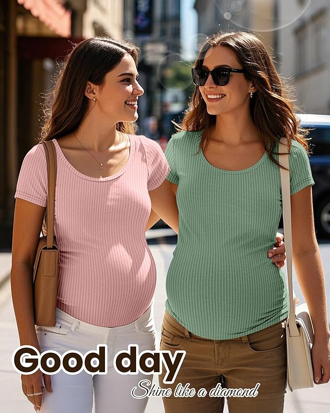 Neer 3 Pack Women's Ribbed Maternity Tops Pregnancy Round Neck Shirts Short Sleeve Soft Maternity Clothes for Mama