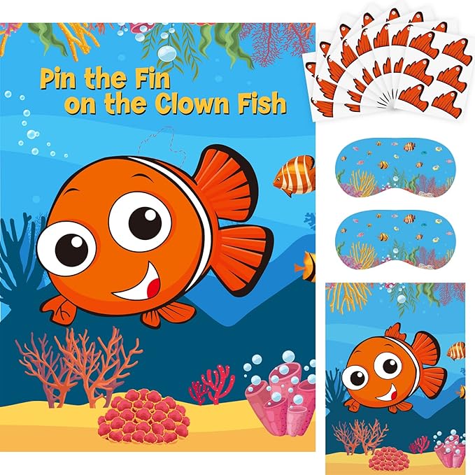 NEBURORA 2 Pack Pin The Fin on The Clownfish Party Game 2 Large 21"x 28" Posters with 48pcs Stickers Ocean-Themed Birthday Party Supplies Decorations for Kids Boys Classroom Game Wall Home Decor