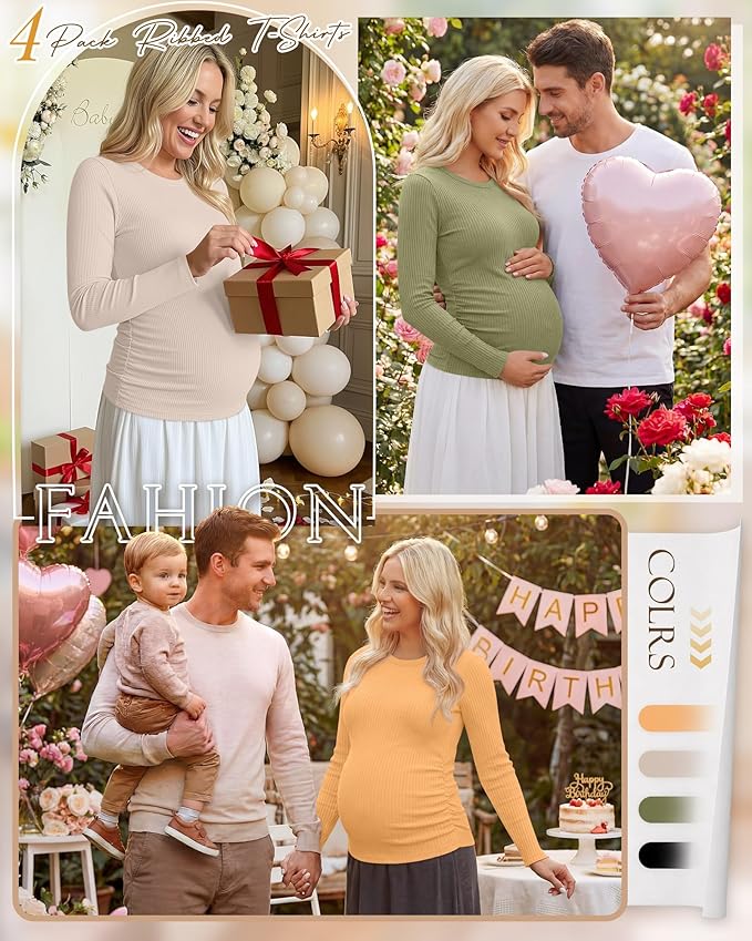 Ficerd 4 Pack Women's Maternity Shirts Cotton Long Sleeve Ribbed Crew Neck Pregnancy Tops Side Ruched Casual Mama Clothes