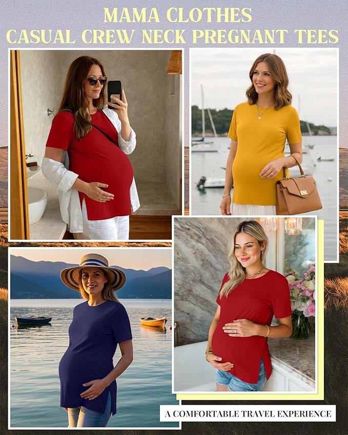 Ficerd 3 Pack Women's Maternity T Shirts, Short Sleeve Side Split Pregnancy Tops Casual Crew Neck Pregnant Tees Mama Clothes