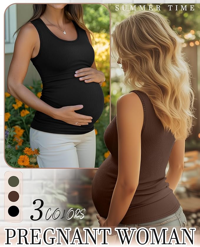 Riyiper 3 Pack Women's Maternity Tank Tops, Sleeveless Cotton Pregnancy Shirts Ribbed Knit Sides Ruched Basic Mama Clothes