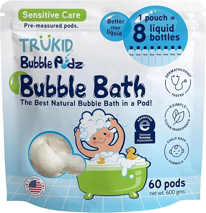 TruKid Bubble Podz Bubble Bath for Kids, Toddlers, & Babies, NEA-Accepted for Eczema, Gentle Refreshing Colloidal Oatmeal Bath Bomb for Sensitive Skin, pH Balanced, Tear Free, Unscented (60 Podz)