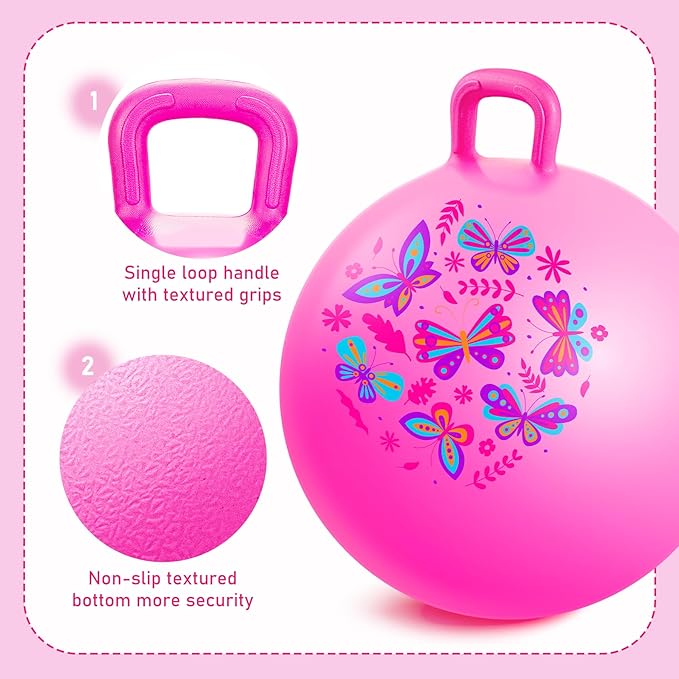 EVERICH TOY Hopper Ball, Pink Butterfly Hopping Toys for Kids, 20 Inch Bouncy Ball with Handle, Indoor Outdoor Inflatable Hippity Hop Toy for Girls Boys Gift with Free Christmas Accessories