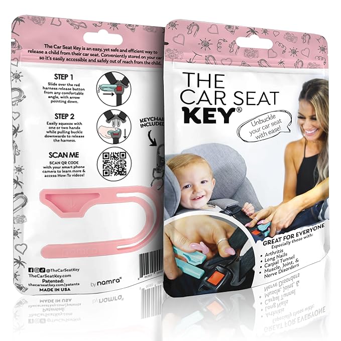The Car Seat Key - Original Car Seat Key Chain Buckle Release Tool - Easy Unbuckle Opener Aid for Nails, Parents, Grandparents & Older Children by NAMRA Made in USA (Pink)