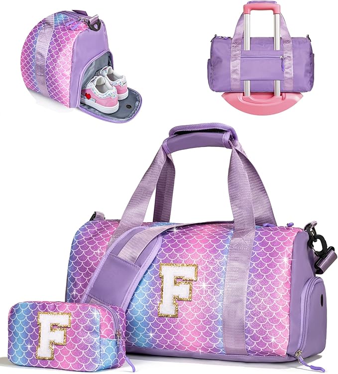Dorm Room Essentials for Girls-Girl Gym Bag with Shoe Compartment, Kid Personalized Weekender Overnight Bags, Initial Travel Tote with Makeup Pouch, Preppy Stuff Gifts for Kids (Letter F)