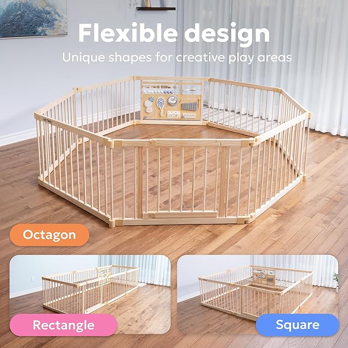 Miotetto Baby Playpen, Wooden Playpen for Babies and Toddlers, Foldable Fence with Montessori Activity Panel, Storage Basket & Gate, Portable, Easy to Assemble Baby Play Pen Natural Wood Playyard