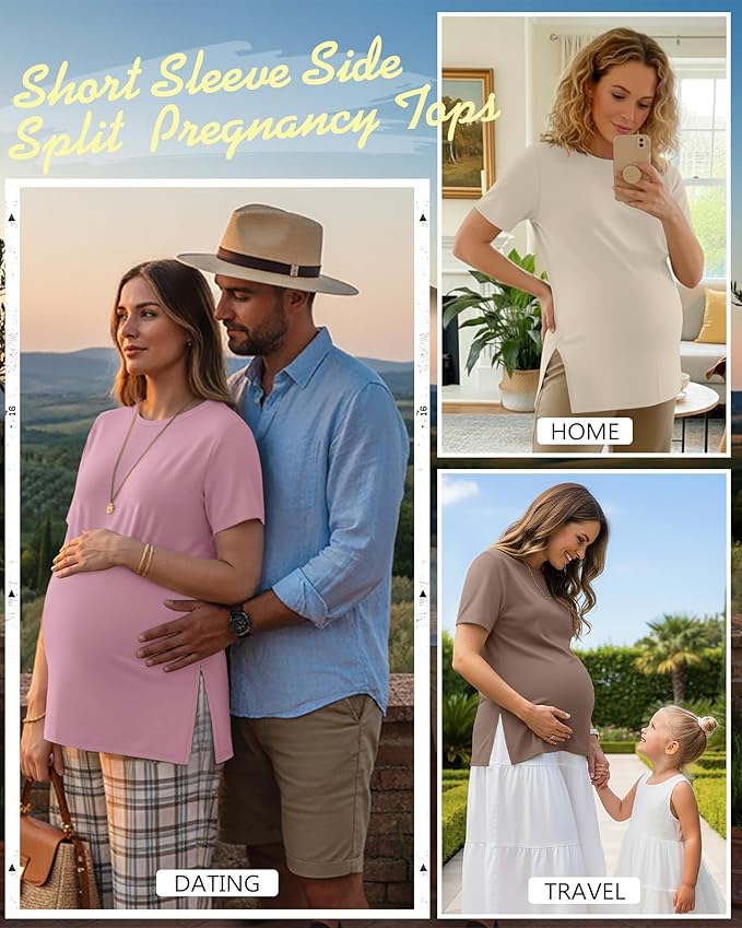 Ficerd 3 Pack Women's Maternity T Shirts, Short Sleeve Side Split Pregnancy Tops Casual Crew Neck Pregnant Tees Mama Clothes