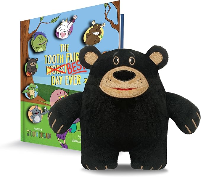 Acorn Black Bear Tooth Fairy Pillow and Book Bundle | 8" Plush with Pocket for Lost Teeth & Hardcover Storybook w/Tracker, Q&A for Boys Girls Children of All Ages