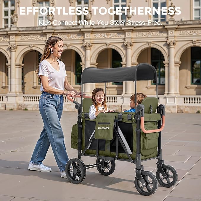 Premium 2 Seater Wagon Stroller for Kids, Foldable All-Terrain Stroller Wagon with Removable Seats, Adjustable 5-Point Safety Harness, Canopy, and Dual Handles, Green