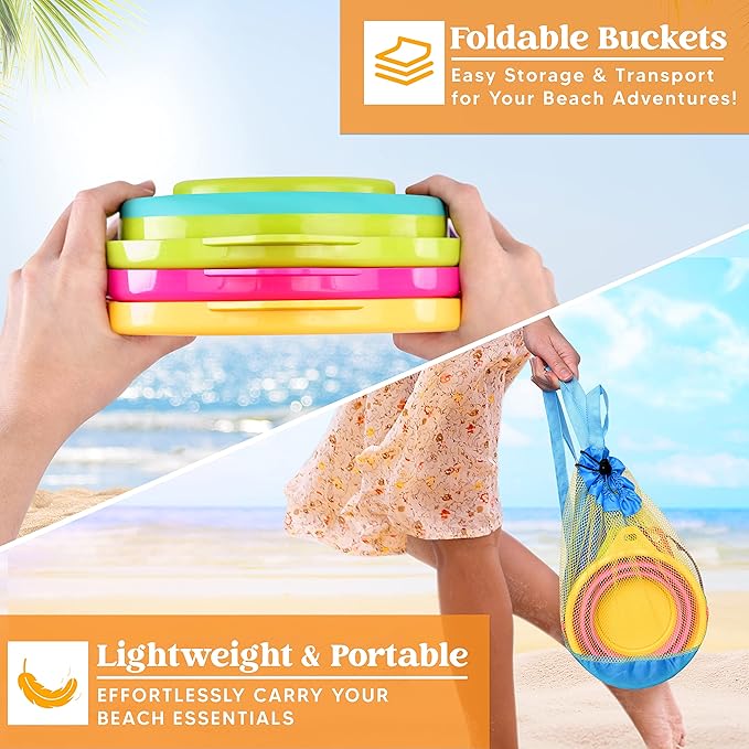 JOYIN Foldable Beach Bucket Set - 3 Packs Collapsible Toy Buckets with Shovels and Mesh Backpack for Kids Toddlers Party, Camping Gear, Travelling, Fishing Water Pail (Pink/Purple/Green)