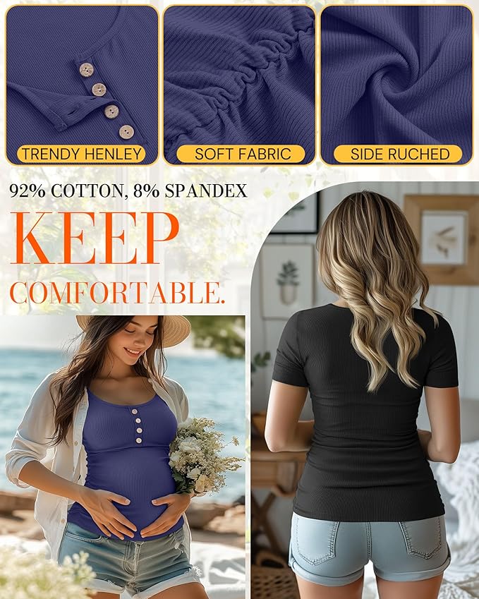 4 Pack Womens Maternity Shirts Scoop Neck Cotton Short Sleeve Ribbed Pregnancy Top Henley Side Ruched Mama Clothes