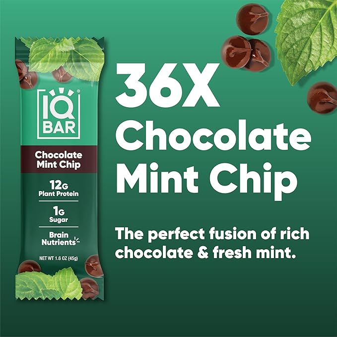 IQBAR Brain and Body Clean Plant Protein Bars - Chocolate Mint Chip - 36 Bars - Keto, Vegan, High Fiber, Gluten and Dairy Free, Low Sugar Snack with Nutrients for Focus, Energy, Meal Replacement