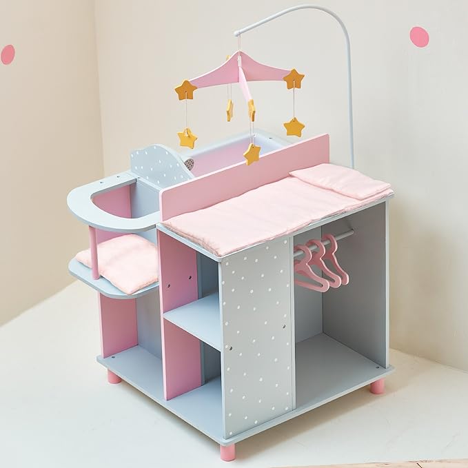 Olivia's Little World 6-in-1 Wooden Baby Doll Changing Station with Crib, Changing Table, High Chair, Double-Door Closet, Sink and Washing Machine, Multicolored