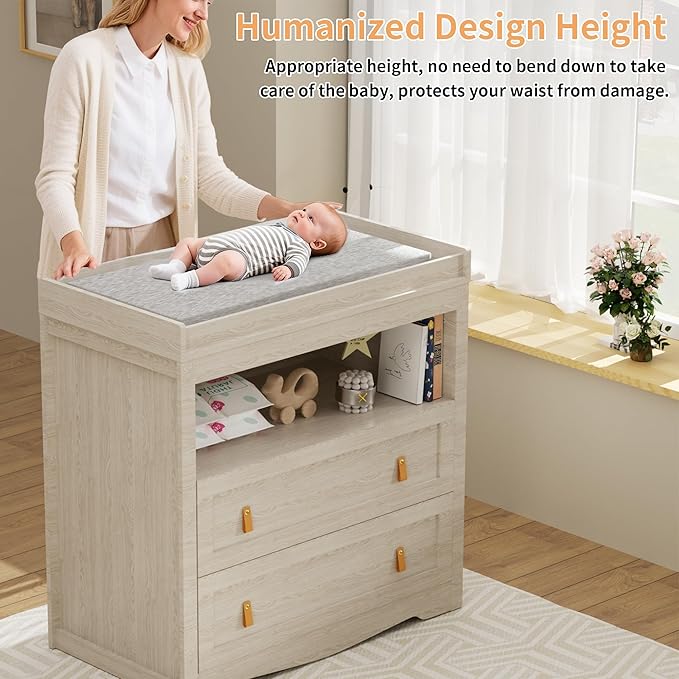 Baby Dresser Changing Table with 2 Drawers 35.4" Changing Table Dresser with Changing Table Top and 1 Open Shelf Diaper Changing Station with Storage for Nursery Children's Room Beige
