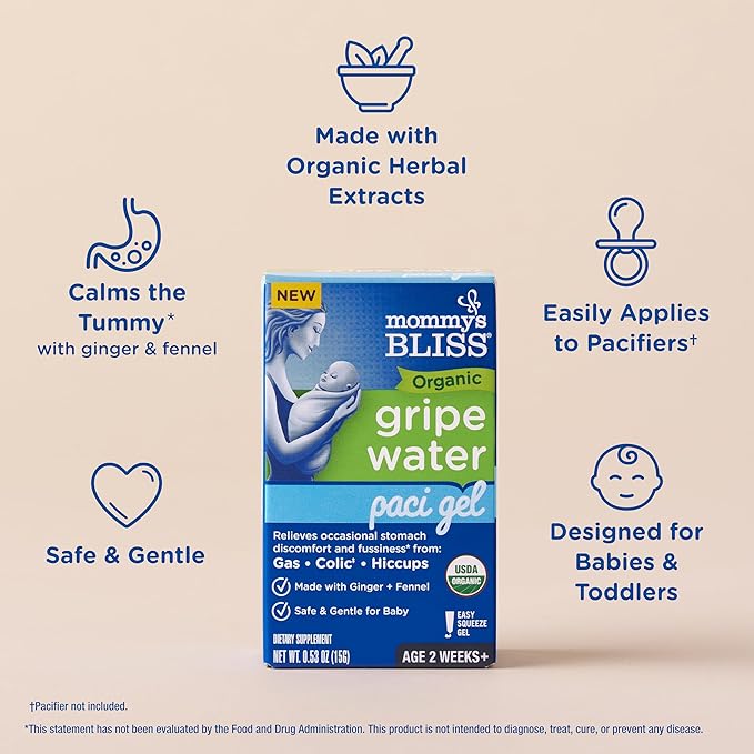 Mommy's Bliss Organic Gripe Water Pacifier Gel for Newborns, Infant Gas, Colic & Fussiness*, Age 2 Weeks +, 0.53 Oz (45 Servings)