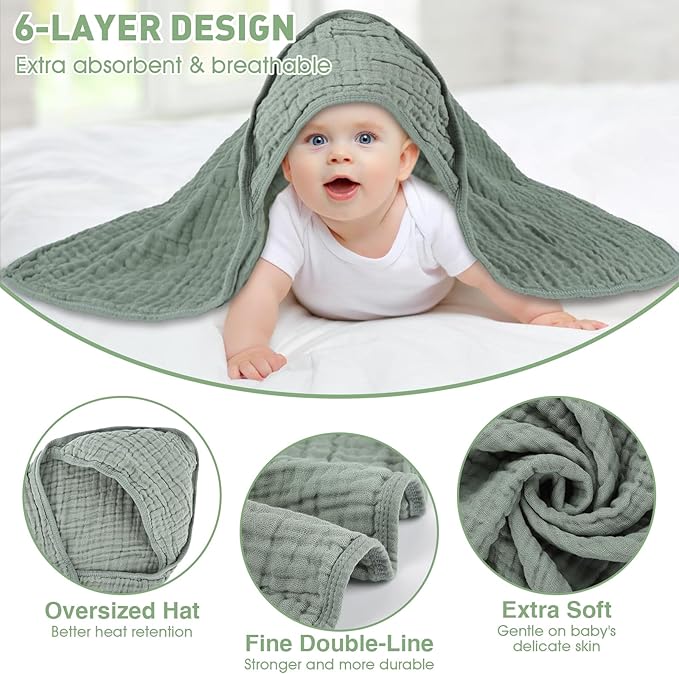 Synrroe 2 Pack Hooded Muslin Cotton Baby Towels (Green/Brown), 32 by 32 Inches, Ultra-Soft & Breathable for Baby Bath Time