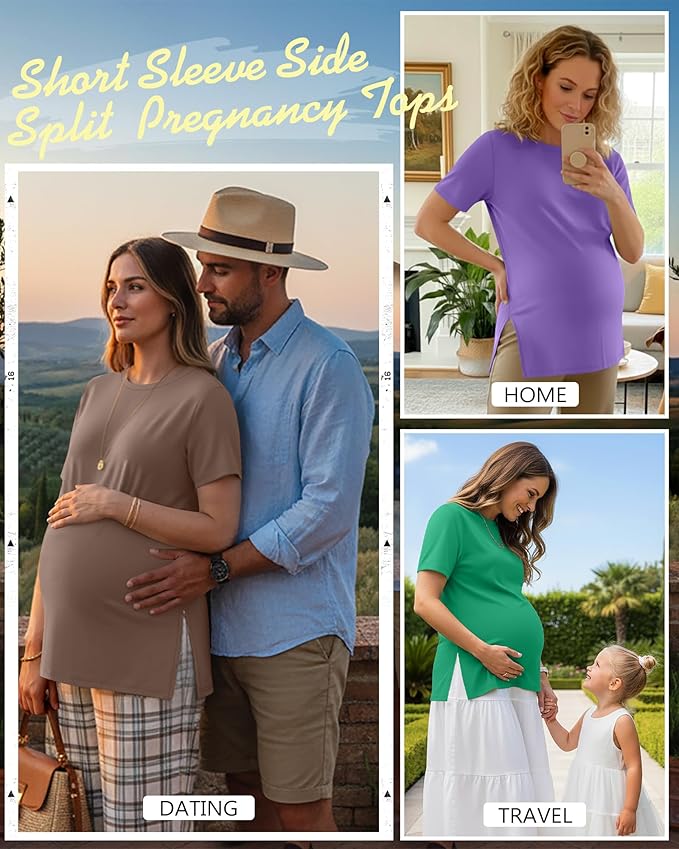 Ficerd 3 Pack Women's Maternity T Shirts, Short Sleeve Side Split Pregnancy Tops Casual Crew Neck Pregnant Tees Mama Clothes