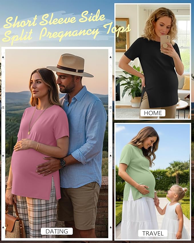 Ficerd 3 Pack Women's Maternity T Shirts, Short Sleeve Side Split Pregnancy Tops Casual Crew Neck Pregnant Tees Mama Clothes