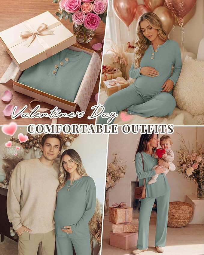 2 Piece Thermal Maternity Lounge Set Postpartum Pregnancy Fleece Loungewear Long Sleeve Top and Wide Leg Pant