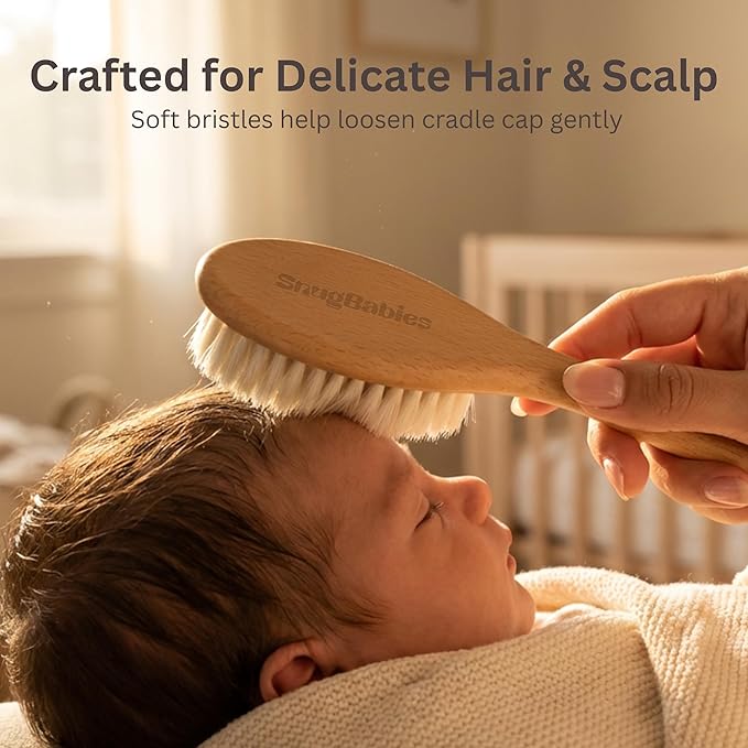 Wooden Baby Hair Brush with Natural Goat-Hair Bristles - Ultra Soft Baby Brush for Newborns & Infants with a Cotton Travel Pouch - Helps with Cradle Cap Care - 21cm Easy Grip Beech Wood Handle