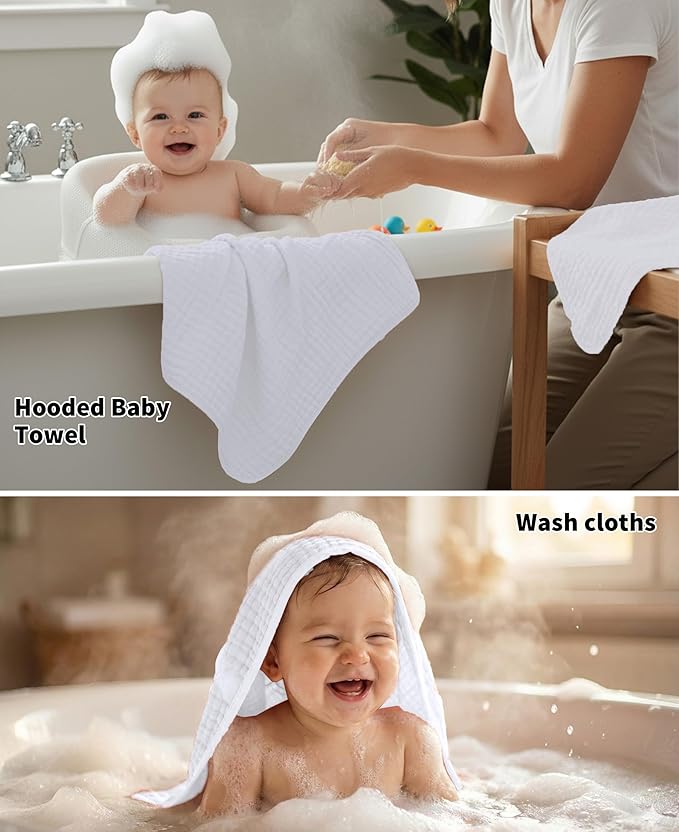 6Pcs Baby Muslin Hooded Bath Towels and Washcloths,32"x 32" Muslin Cotton Hooded Baby Towels for Newborn Shower