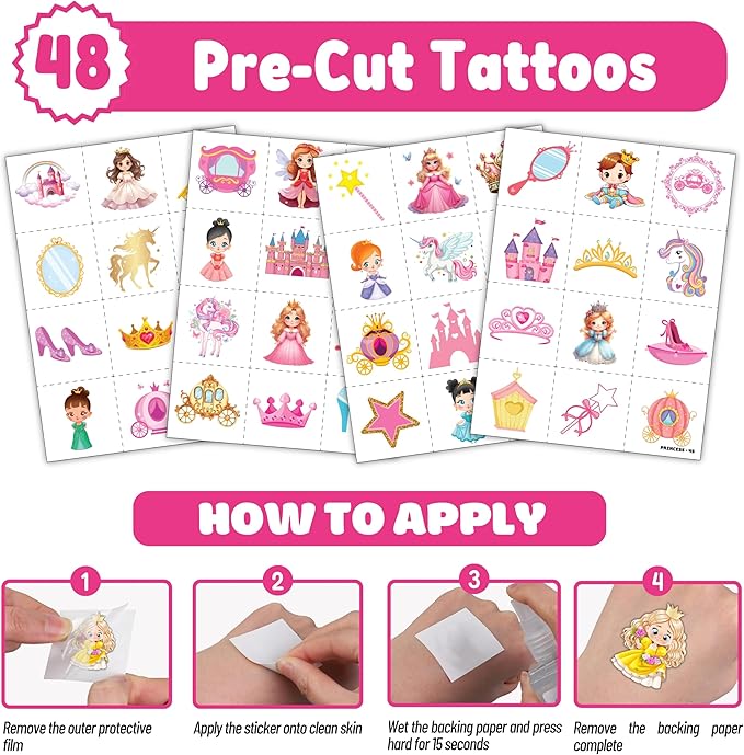 72PCS Little Princess Party Set - 48PCS Temporary Tattoos & 24PCS Slap Bracelets - Cute Birthday Supplies, Baby Shower Gifts, Classroom Rewards & Princess-Themed Decor for Girls