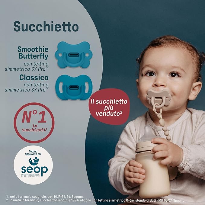 Color Essence SX PRO Silicone Baby Pacifier 2Pk, Made with 100% Soft Silicone, Baby Essentials Perfect for Breastfeeding Babies, Designed in Spain, 0-6 Mths, Ballad Blue/Deep Ocean