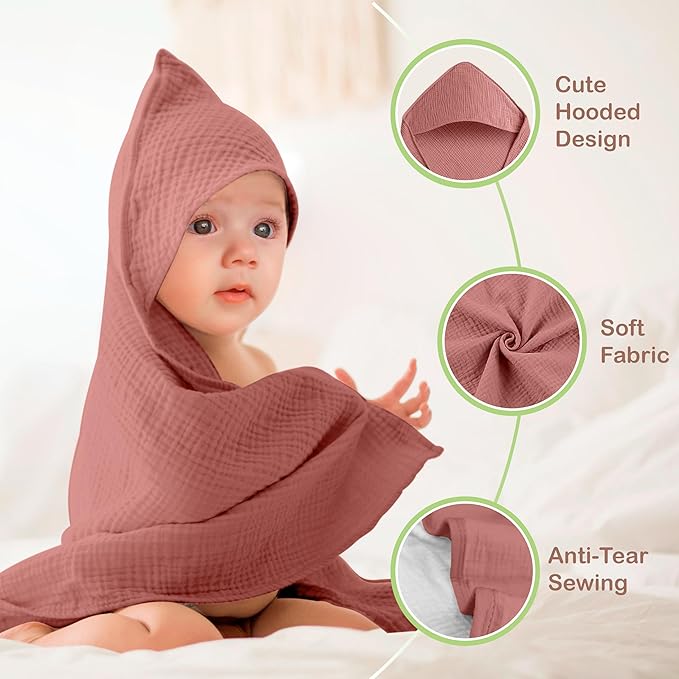 100% Organic Cotton Muslin Baby Hooded Towels 32x32 Inch – 2 Pack Soft & Absorbent Baby Hooded Towel Wrap for Boys & Girls, Premium Hooded Towels, Gentle Baby Essentials in Deep Olive/Ivory
